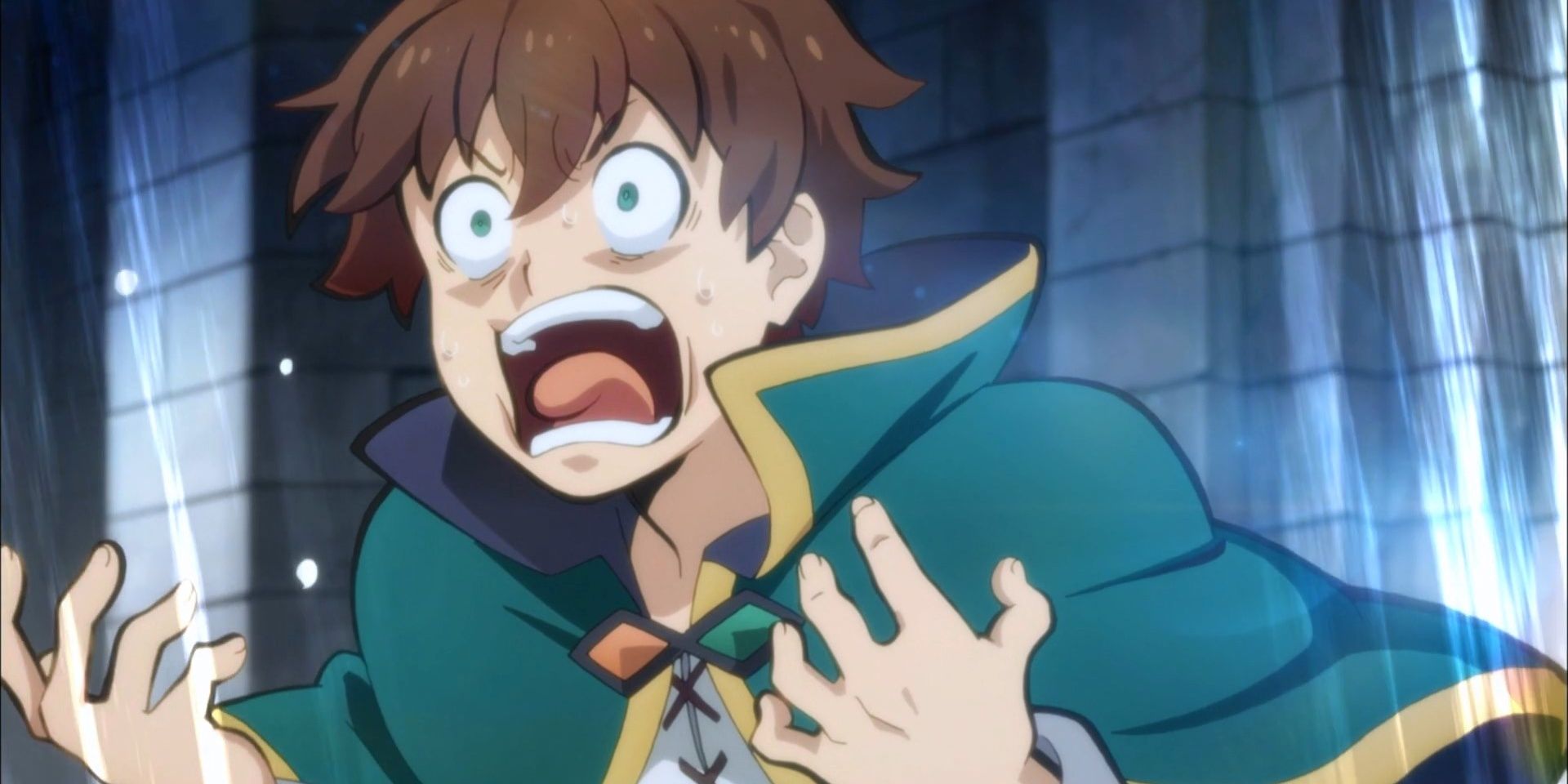 Kazuma Sato screaming in fear in Konosuba