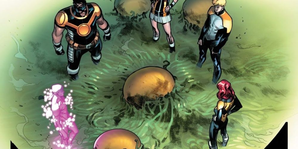 The Five - Proteus, Egg, Tempus, Elixir, and Hope Summers - standing around a Krakoan egg.