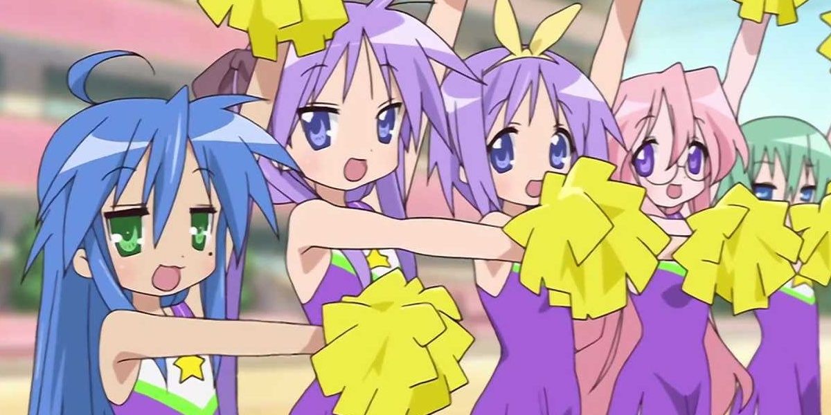 Konata and friends practice as cheerleaders in Lucky Star anime.