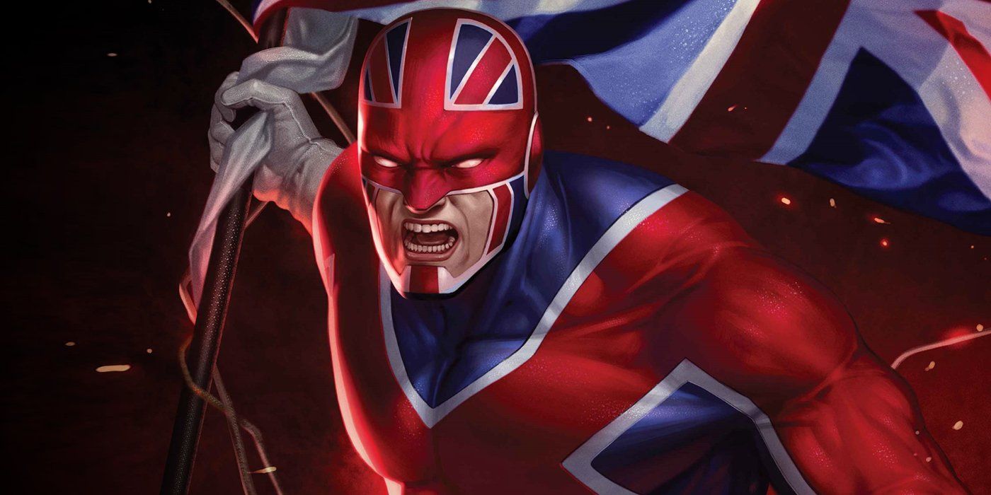 Captain Britain holding the Union Jack ready to fight