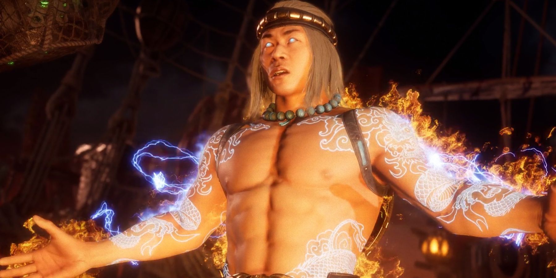 O Deus do Fogo Liu Kang ativa seus poderes de fogo e eletricidade nos jogos Mortal Kombat