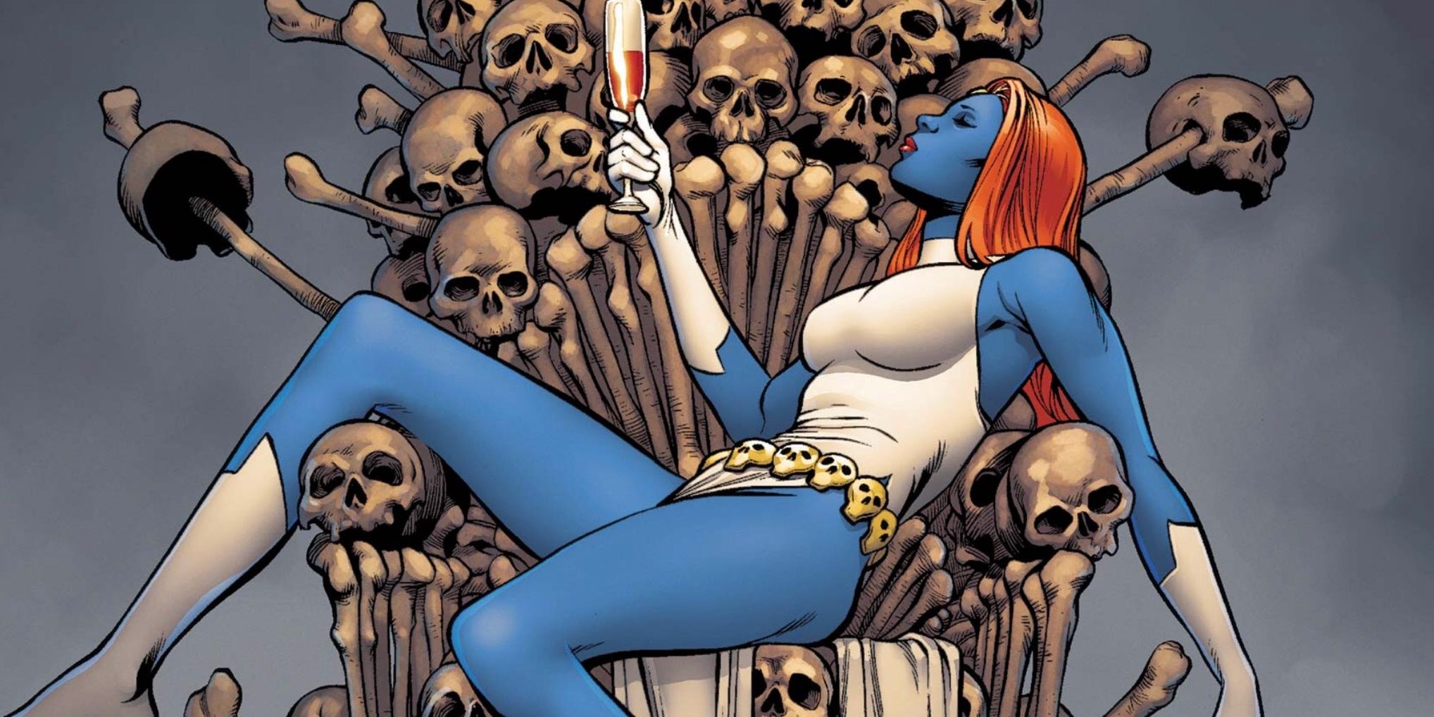 Mystique sitting on a skeleton throne