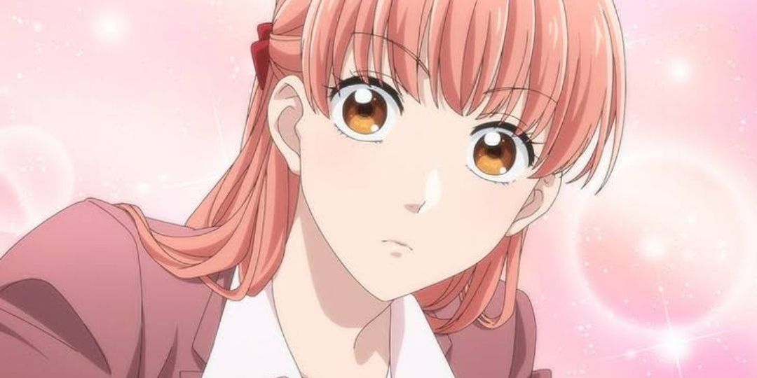 narumi momose with a curious look from wotakoi on a field of bubbles and sparkles