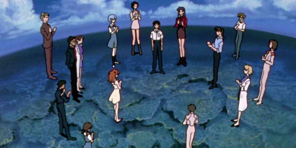 Shinji Ikari surrounded by everyone as the clap in Neon Genesis Evangelion