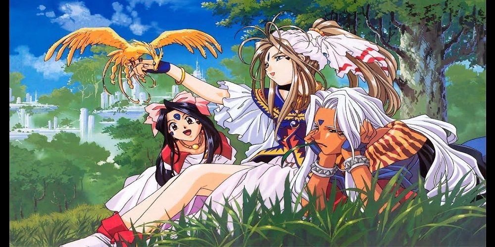 Characters from Oh My Goddess sitting under a tree