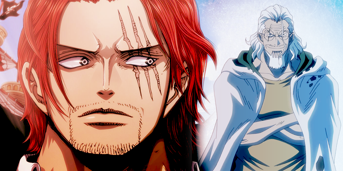 Shanks with scars on his face and Silvers grinning with his arms crossed in One Piece.