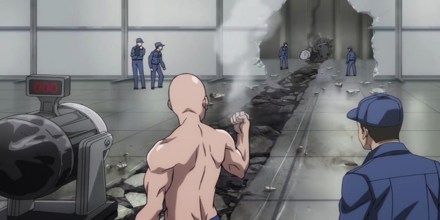 Saitama One Punch Man punching so hard that he broke a wall open