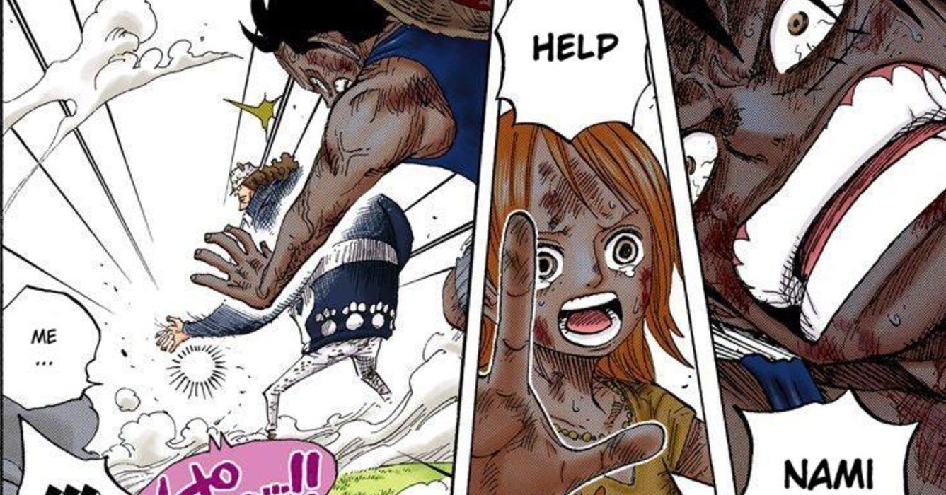 Nami in the center panel calling out to Luffy for help in the One Piece Manga.
