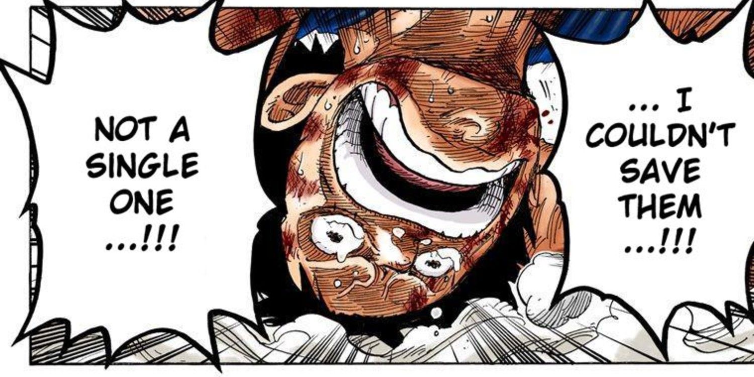 Luffy D Monkey upside down and crying that he couldn't save the crew.