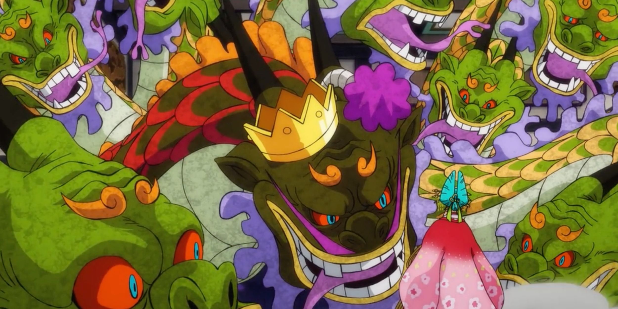 During One Piece, Orochi surrounds Komurasaki with his multiple snake heads