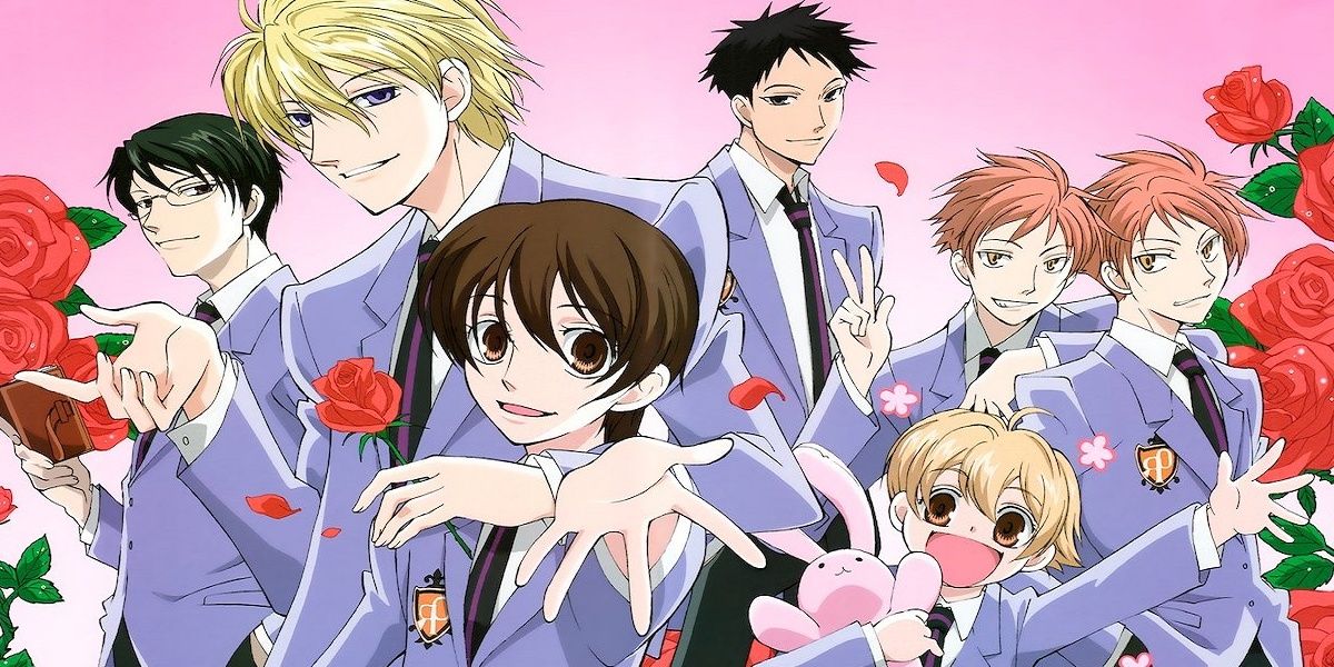 Haruhi Fujioka and the boys of the host club in Ouran High School Host Club anime