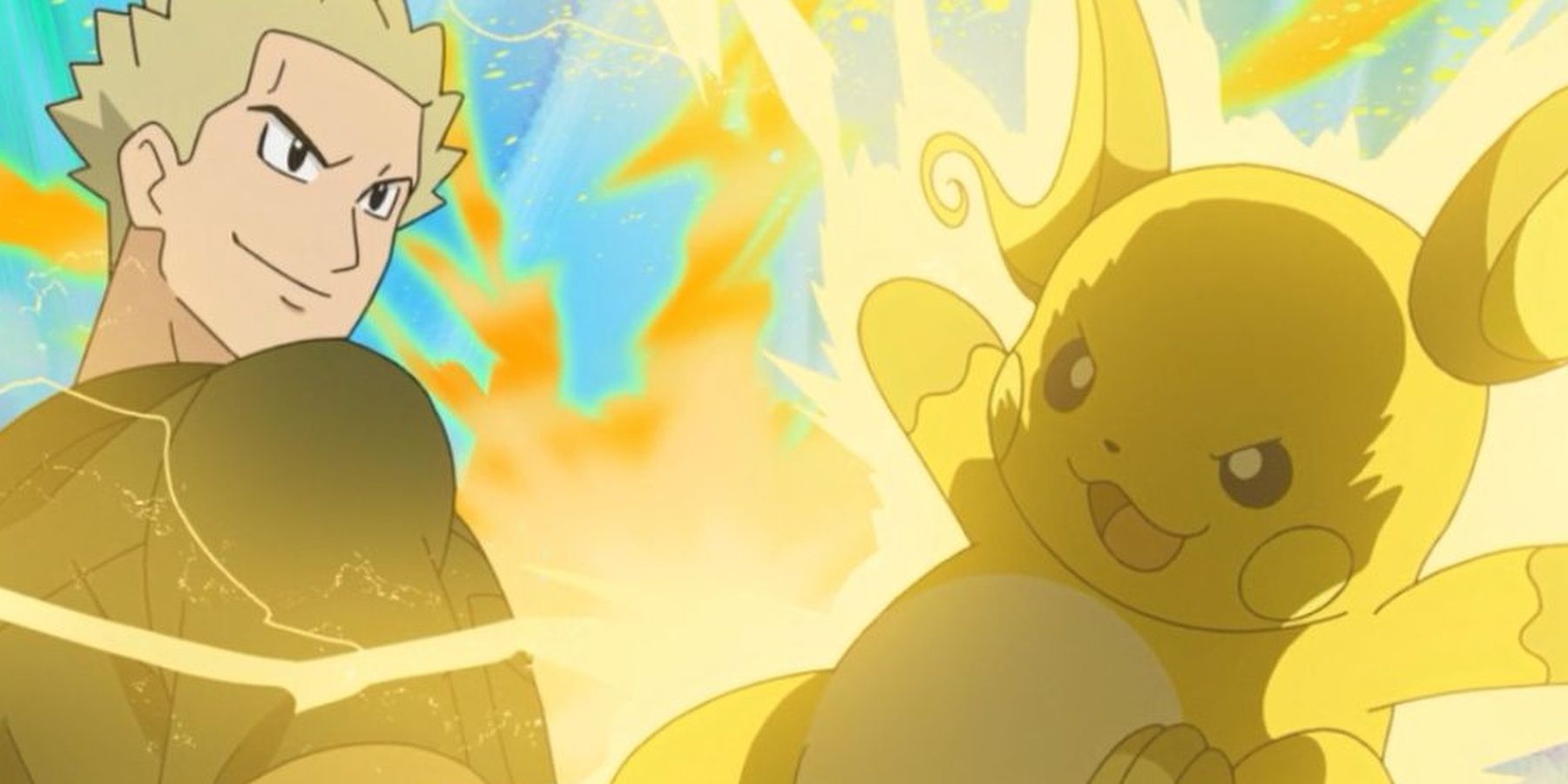 Lt Surge stands alongside Raichu in the Pokemon anime