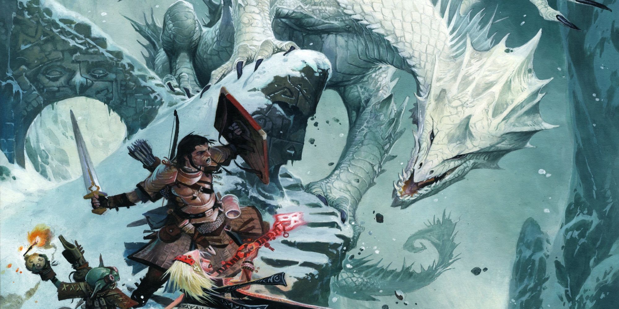An alchemist and a Fighter battle a white dragon in Pathfinder/DnD