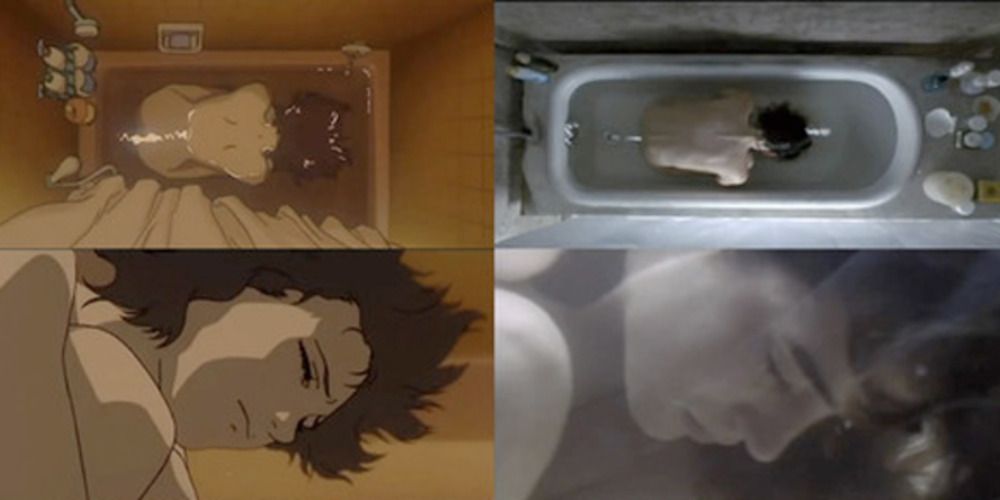 A split image of the same frames from Requiem for a Dream and Perfect Blue.