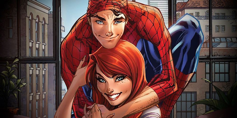Peter hugs Mary Jane while in his Spider-Man costume