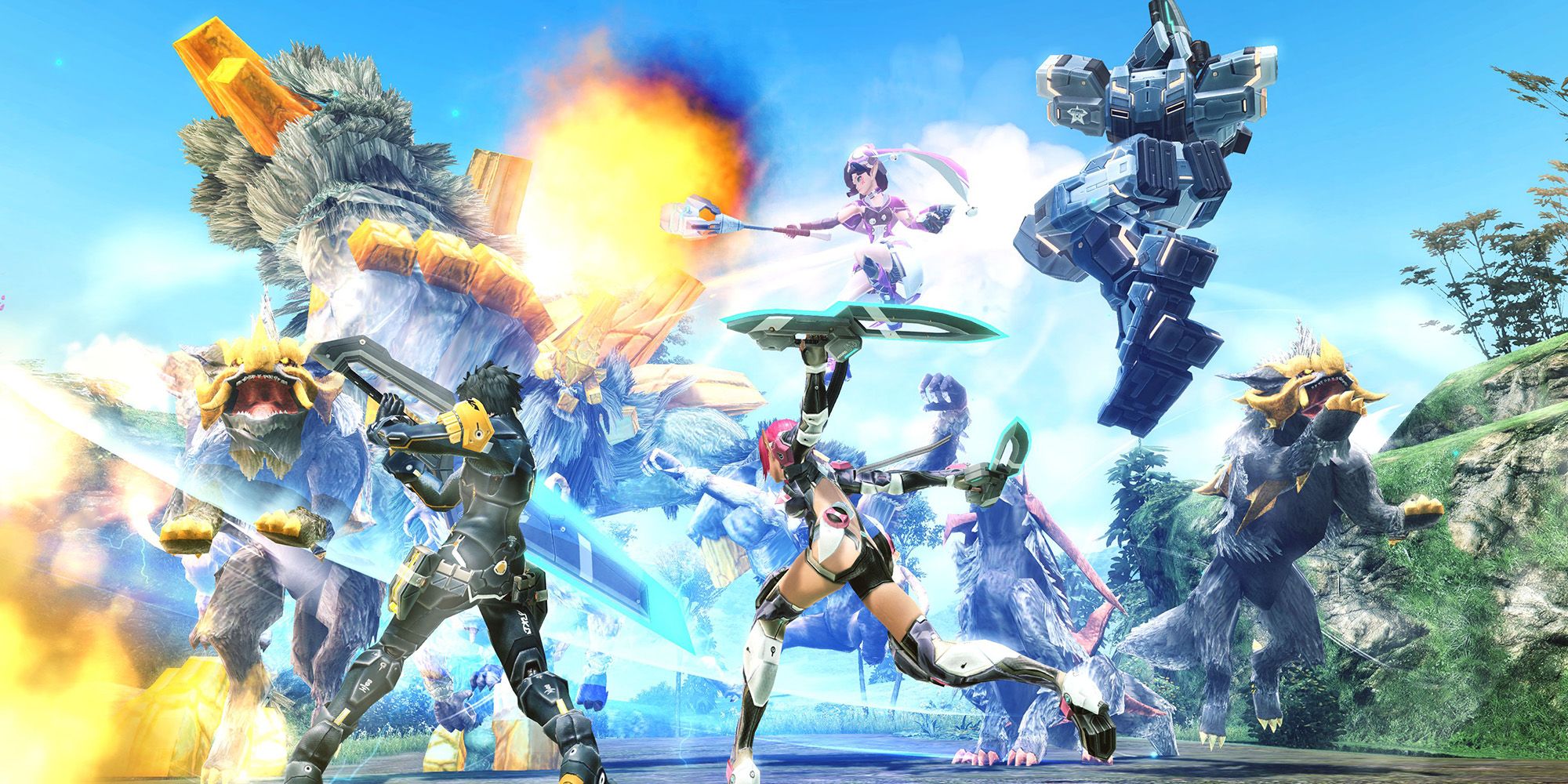 Multiple characters battling during Phantasy Star Online 2 RockBear Party