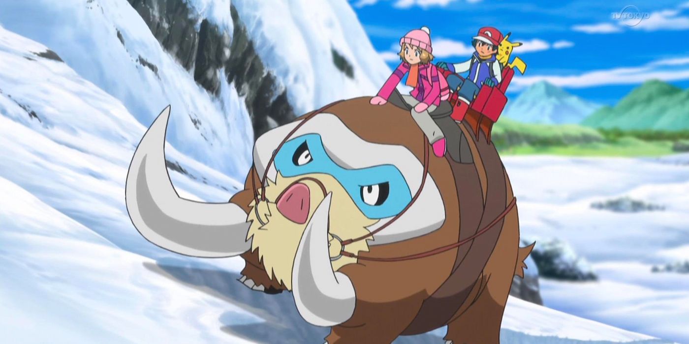 Ash, Serena and Pikachu riding Mamoswine in the Pokemon anime