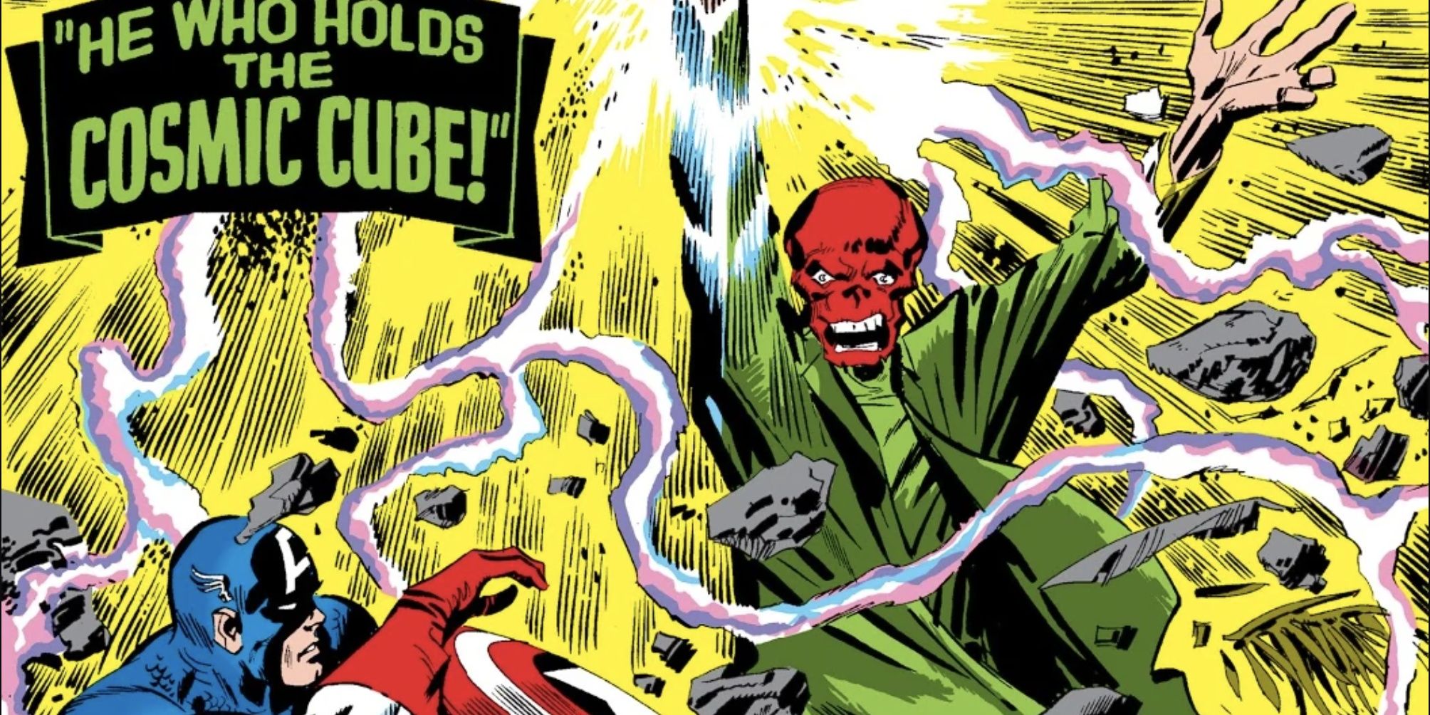 Red Skull holds the Cosmic Cube against Captain America.