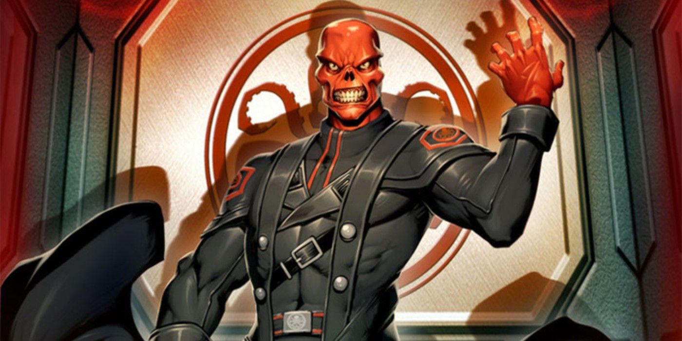 Red Skull in his classic black suit, standing in front of the HYDRA symbol in Marvel Comics.
