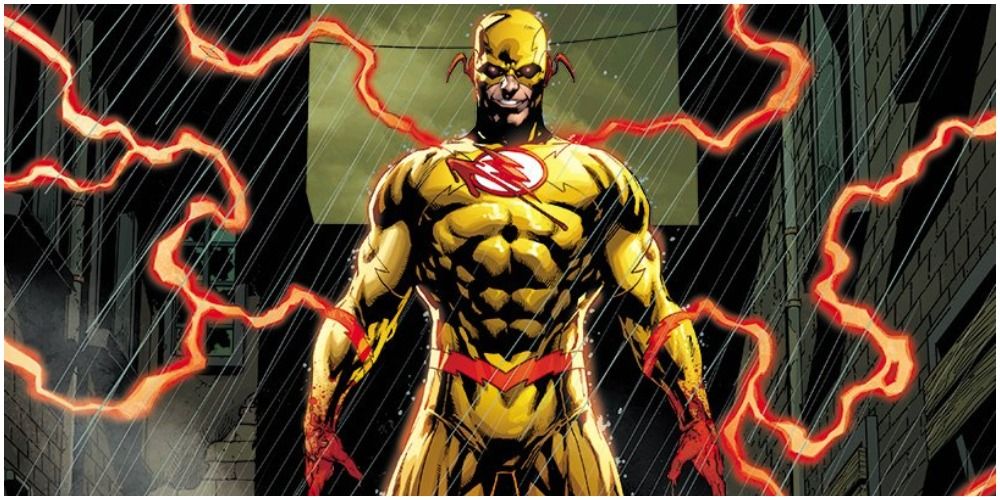 Professor Zoom standing in the rain with red lightning around him