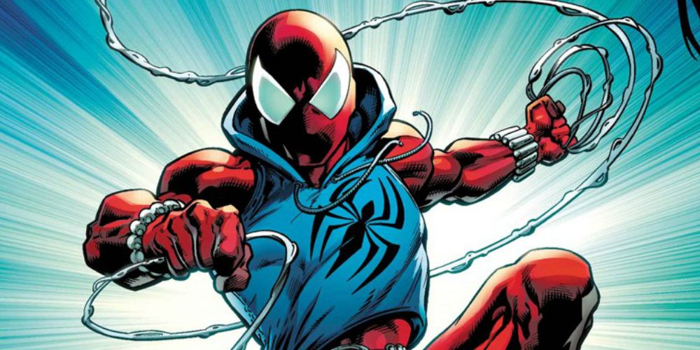 Scarlet Spider swinging a web in Marvel Comics.