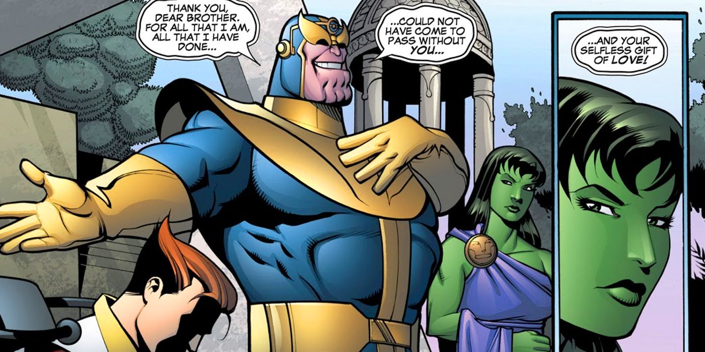 Thanos faz um discurso enquanto She-Hulk olha com desconfiança