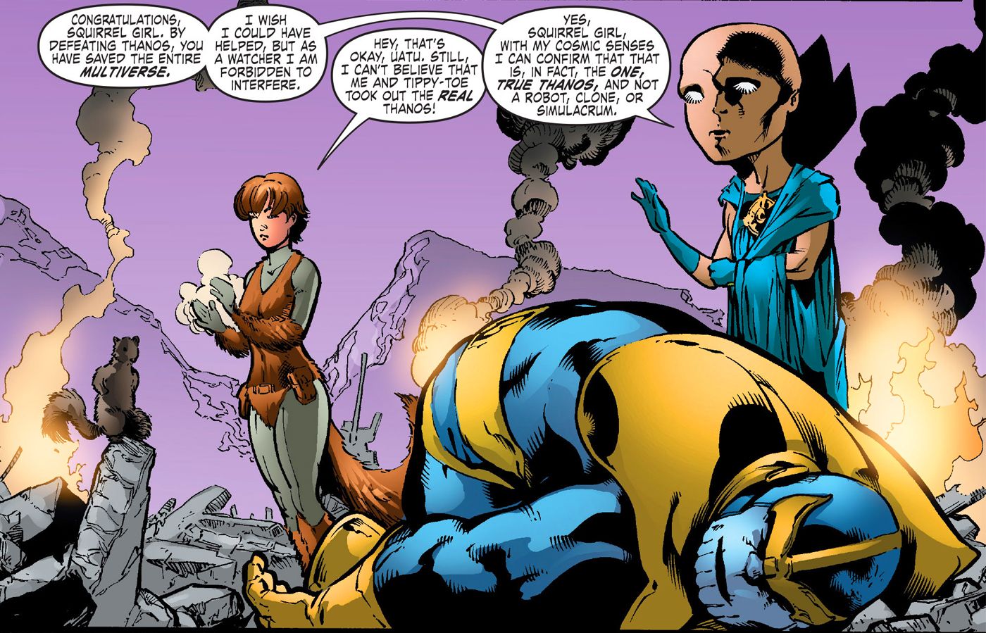 Squirrel Girl stands over Thanos after defeating him