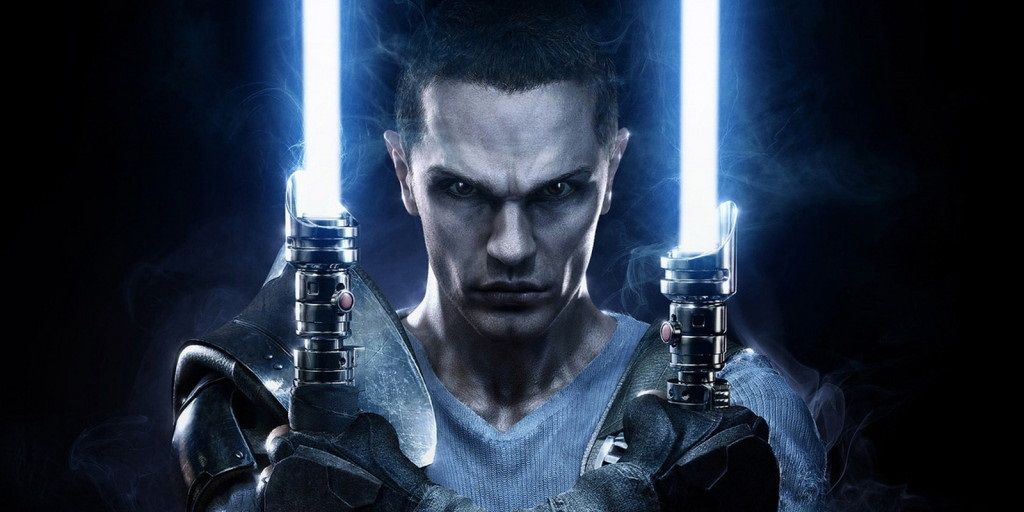 Starkiller from Star Wars: The Force Unleashed holding two blue lightsabers