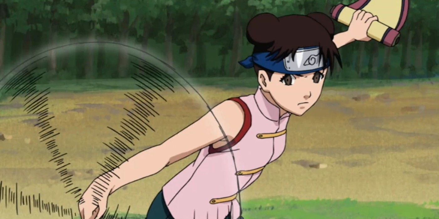 tenten swinging weapon and scroll in hand