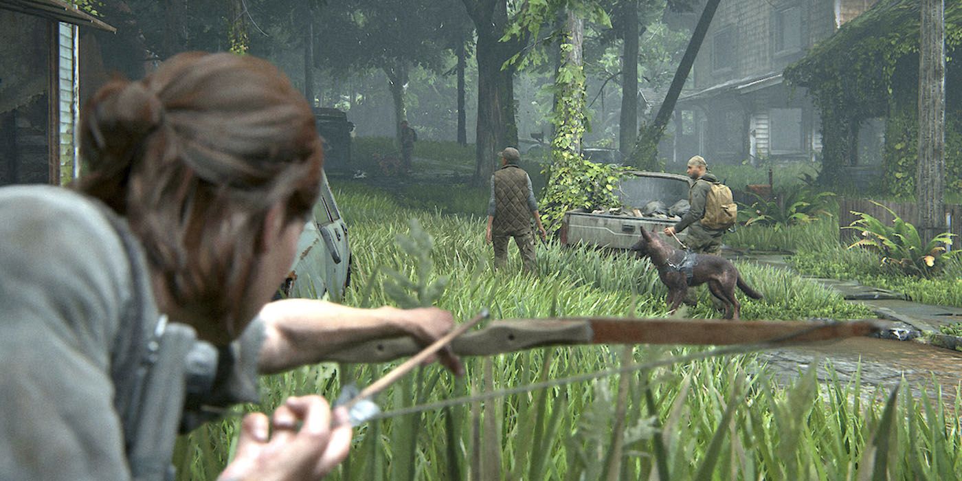 Ellie shooting enemies with a bow and arrow in The Last of Us Part II