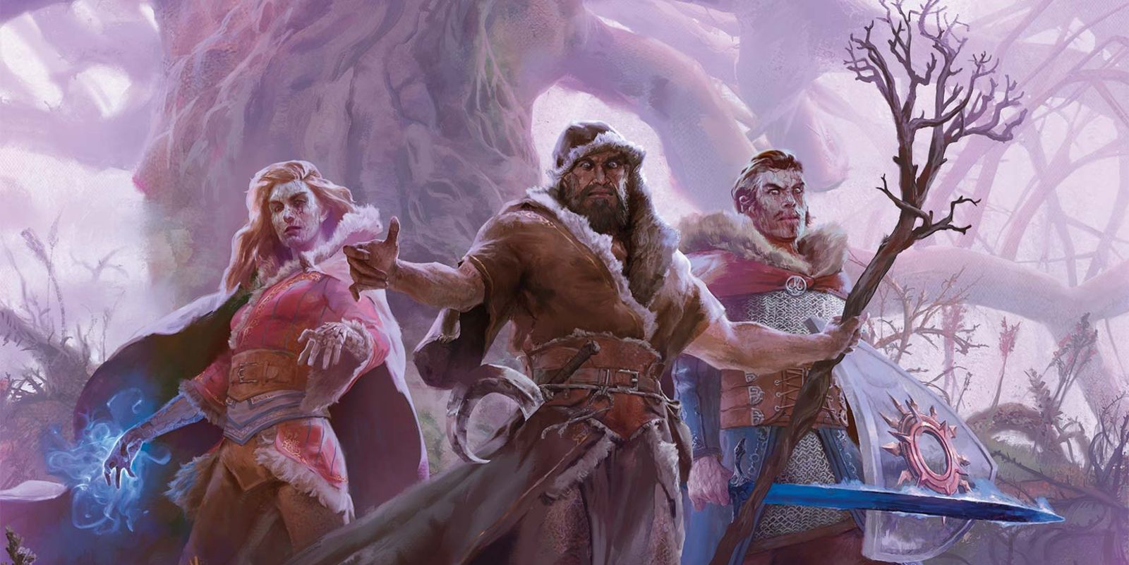 A trio of Dungeons of Dragons characters are stood in front of a giant tree