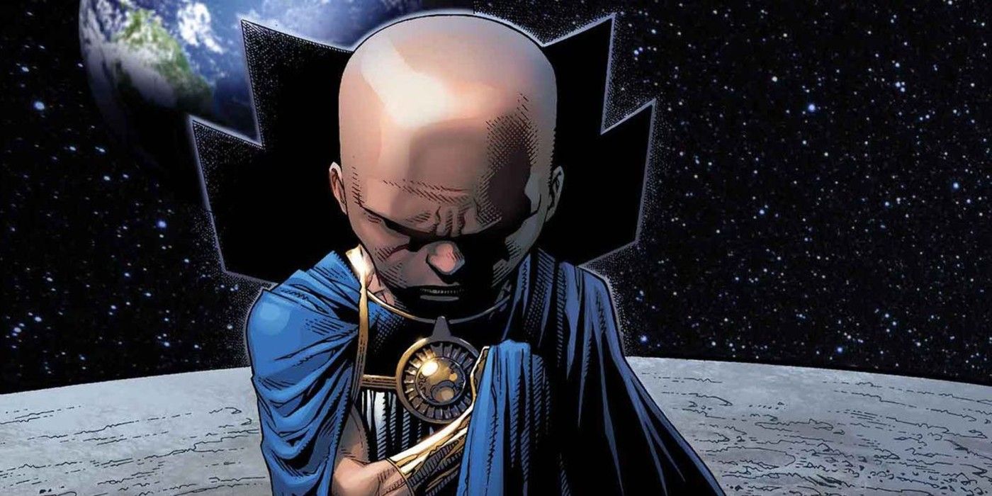 Uatu the Watcher holds his heart and looks down on the moon as Earth sits behind him