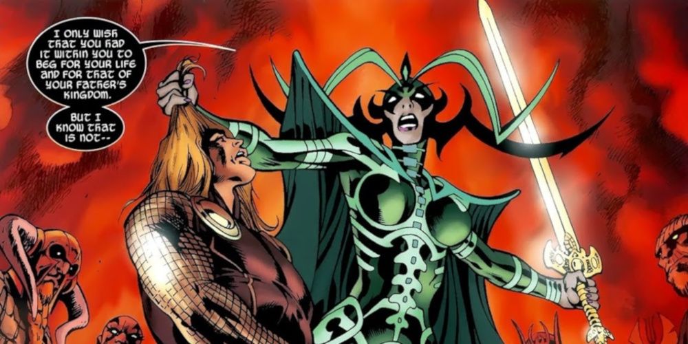 Marvel Comics' Hela about to behead Thor