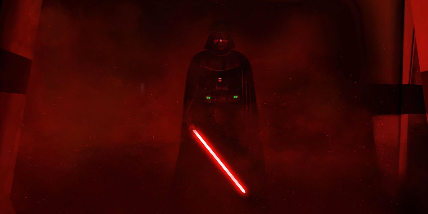 Darth Vader sob um filtro vermelho na luta do corredor ou Rogue One