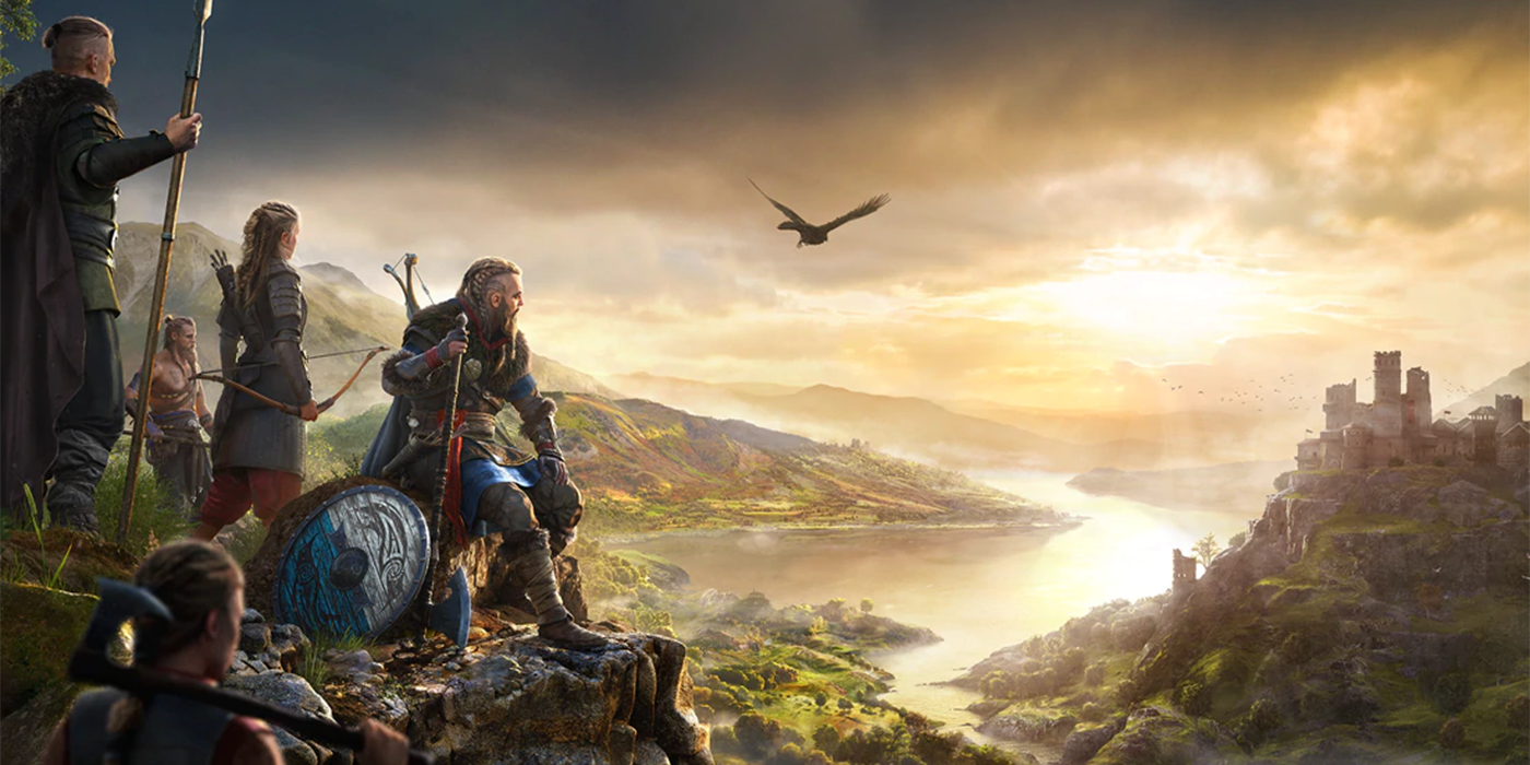 The main characters from Assassin's Creed Valhalla look out over a beautiful vista