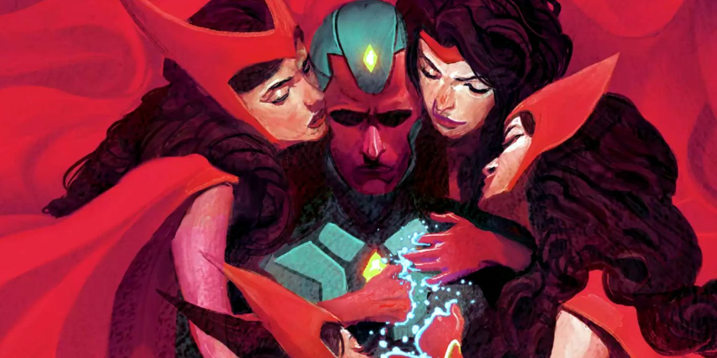 Scarlet Witches surround Vision in Marvel Comics