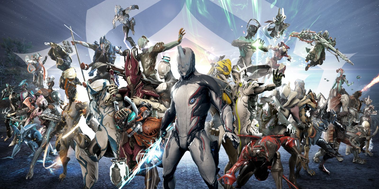 An image of a huge gathering of tenno in Warframe.