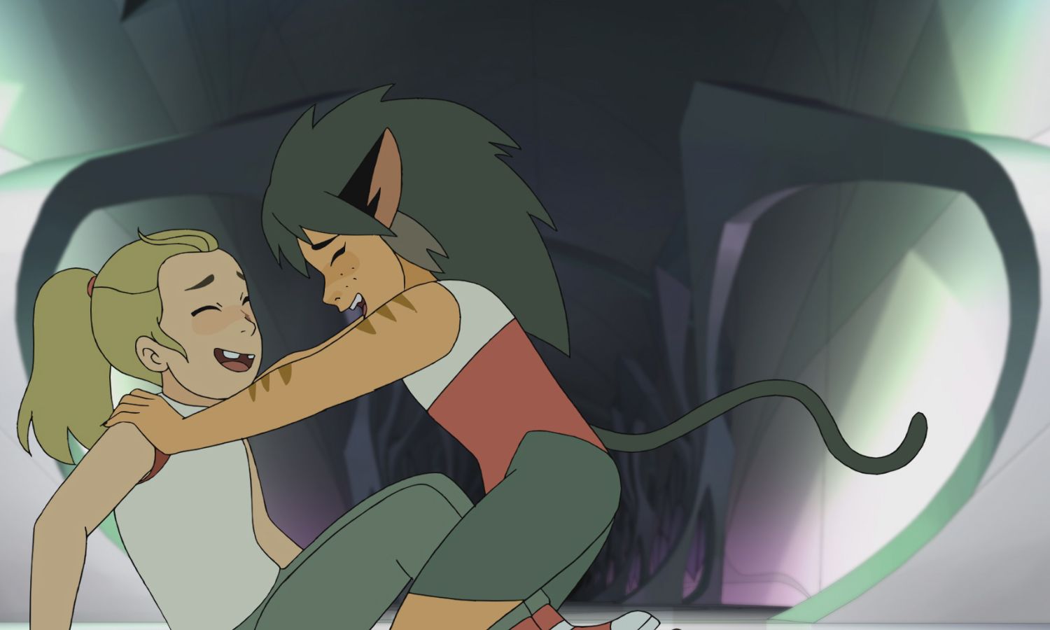 Young Adora and Catra embrace in She-Ra and the Princesses of Power Season 5
