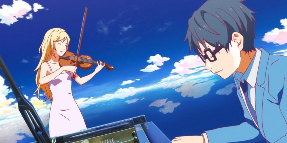 Kaori playing violin while Kosei plays the piano on a cloudy, blue plane in Your Lie In April