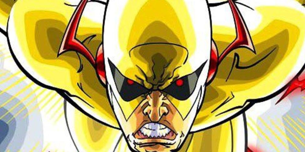 A close-up of Reverse Flash running at top with a scowl on his face in DC Comics