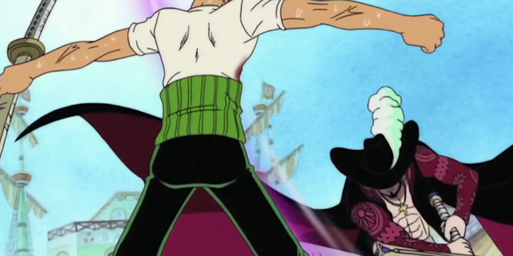 Zoro clashes with Mihawk in One Piece