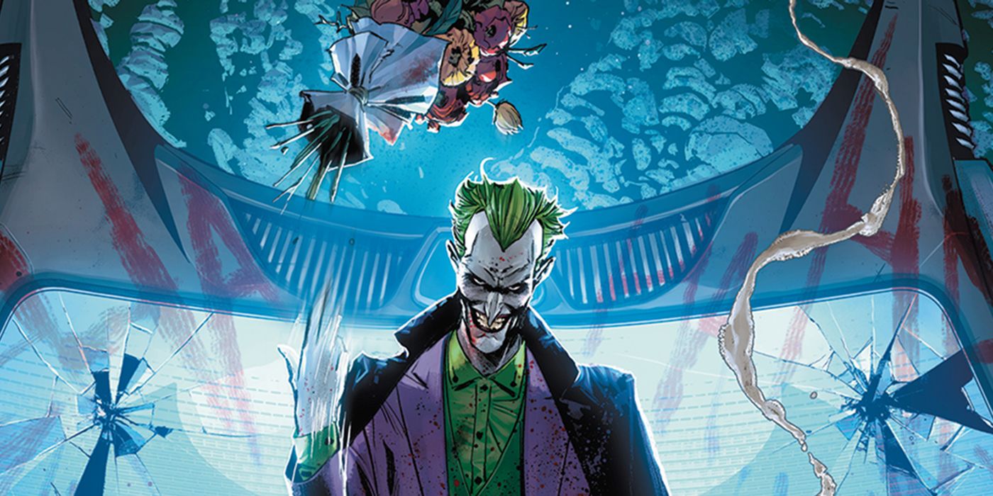 DC Batman Joker War - Joker throwing a bouquet of flowers as he stands in front of shattered glass.