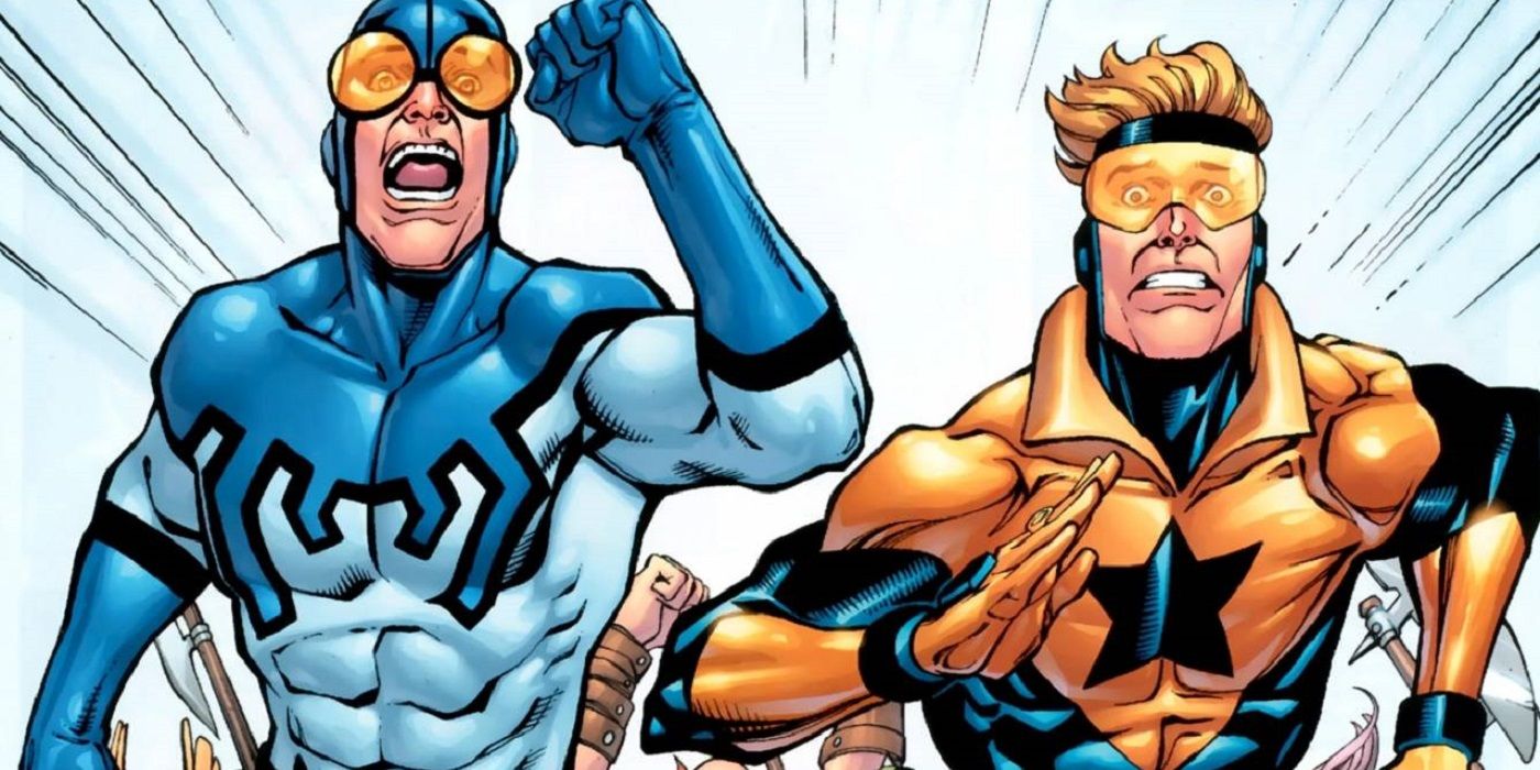 Booster Gold and Blue Beetle running in terror