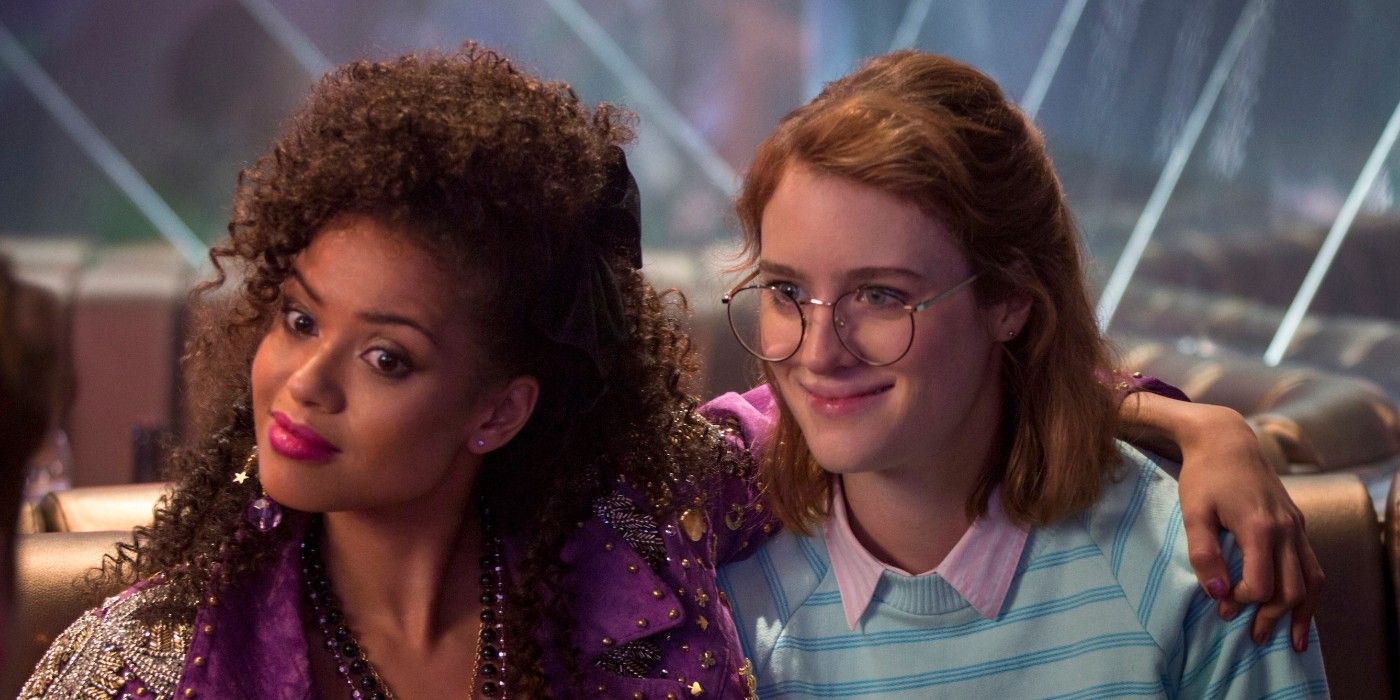 Kelly and Yorkie pose together in a virtual reality in Black Mirror's San Junipero