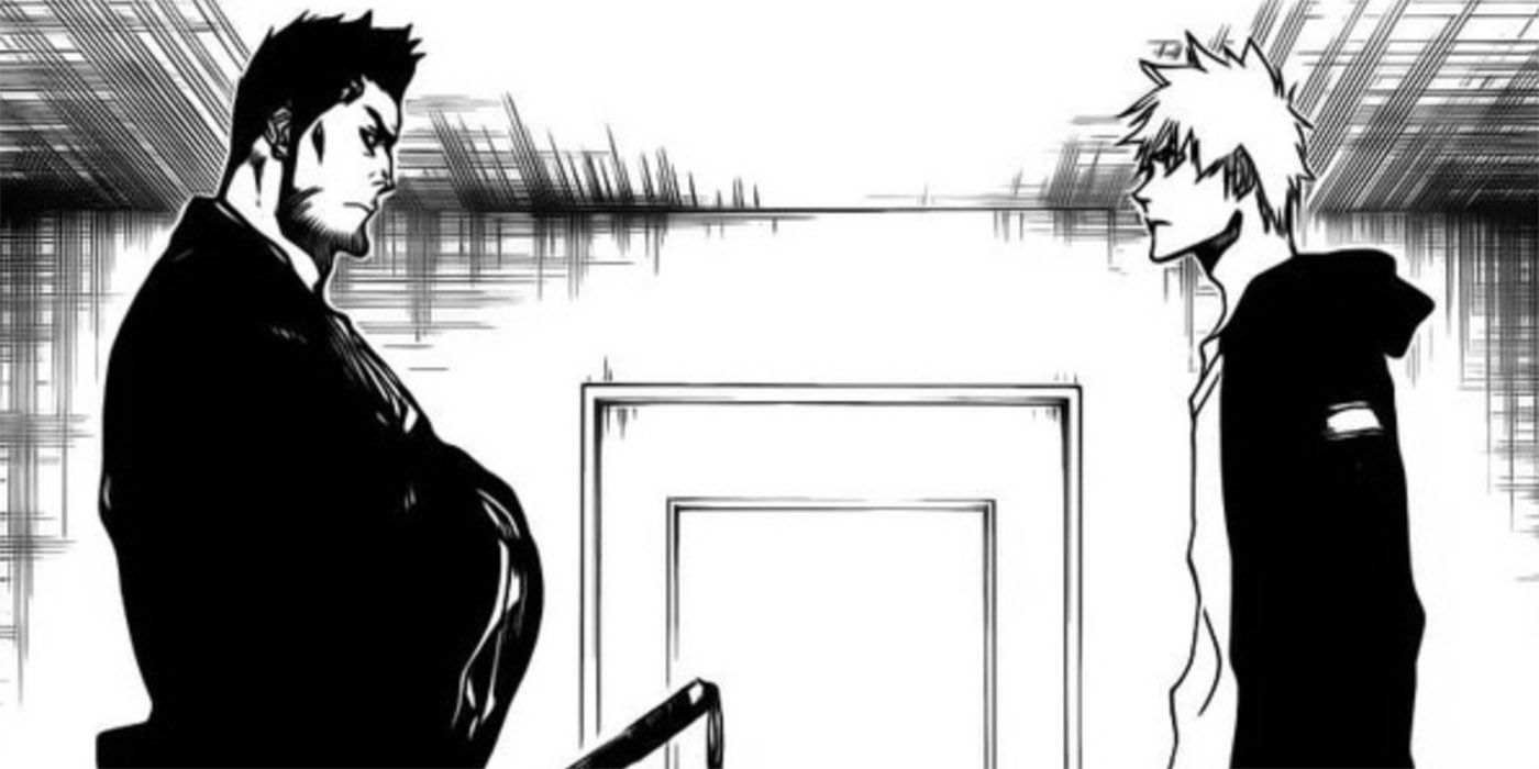 Bleach's Isshin Kurosaki standing face to face with Ichigo in front of a door.