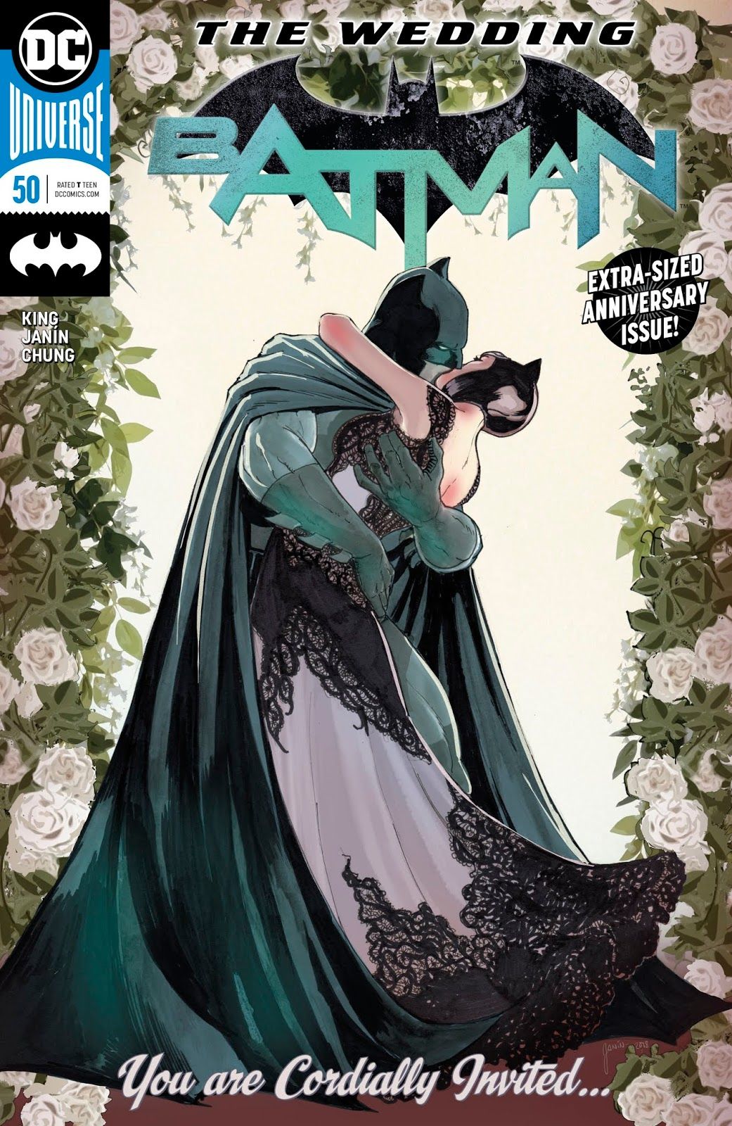 The cover of Batman 50 where Batman and Catwoman are kissing and dressed in formal wear.