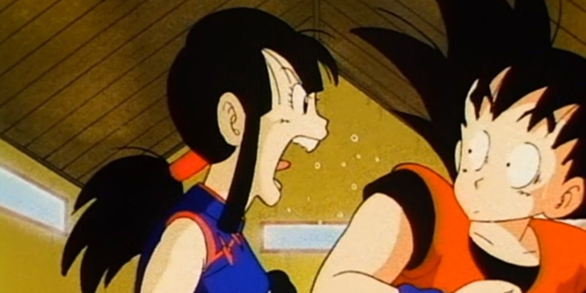 Chi-Chi yells at Goku for not remembering her in Dragon Ball