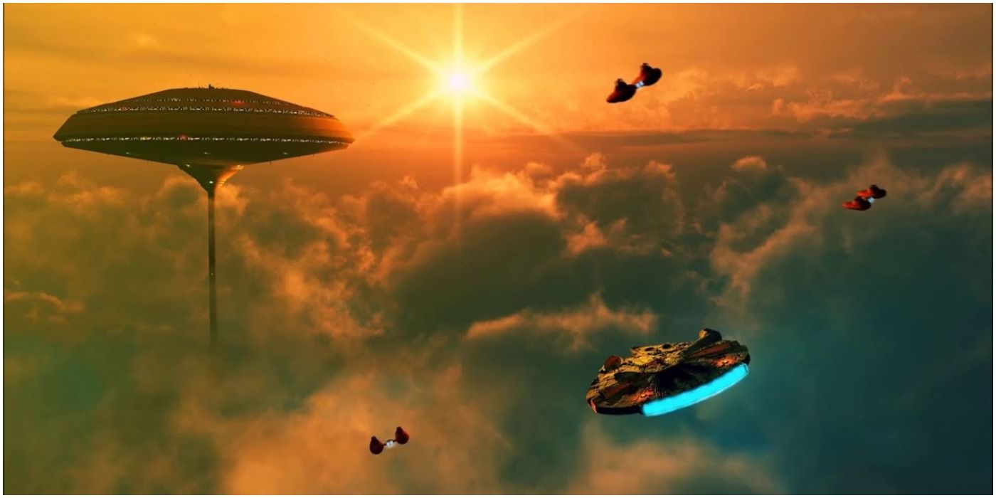The Millenium Falcon being escorted into Cloud City.