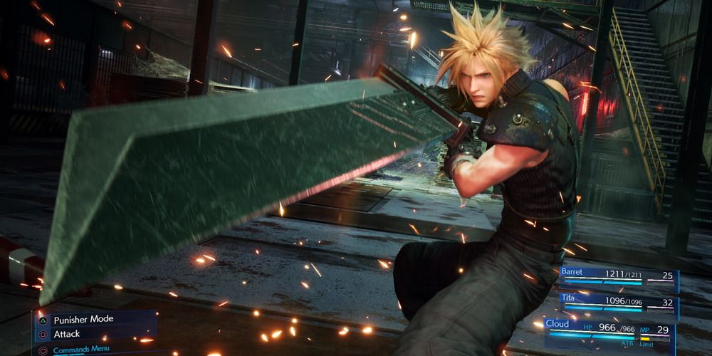 Cloud Strife Final Fantasy VII Remake leveling his blade at the enemy.