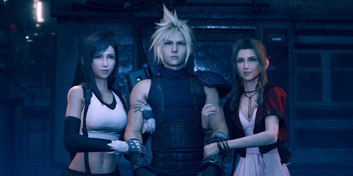 Cloud standing between Tifa and Aerith in FF7 Remake